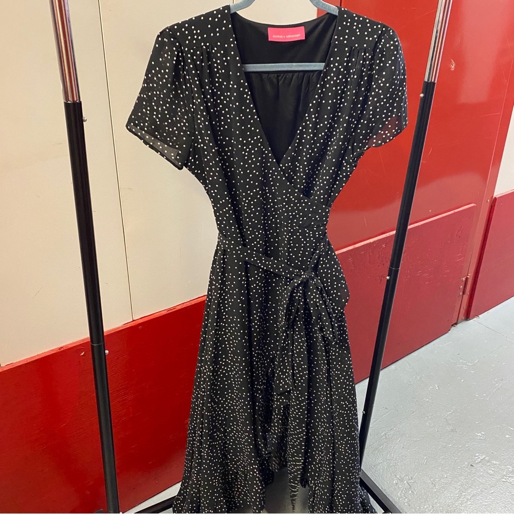 Pookie & Sebastian Black Polka Dot Wrap Dress | Size L